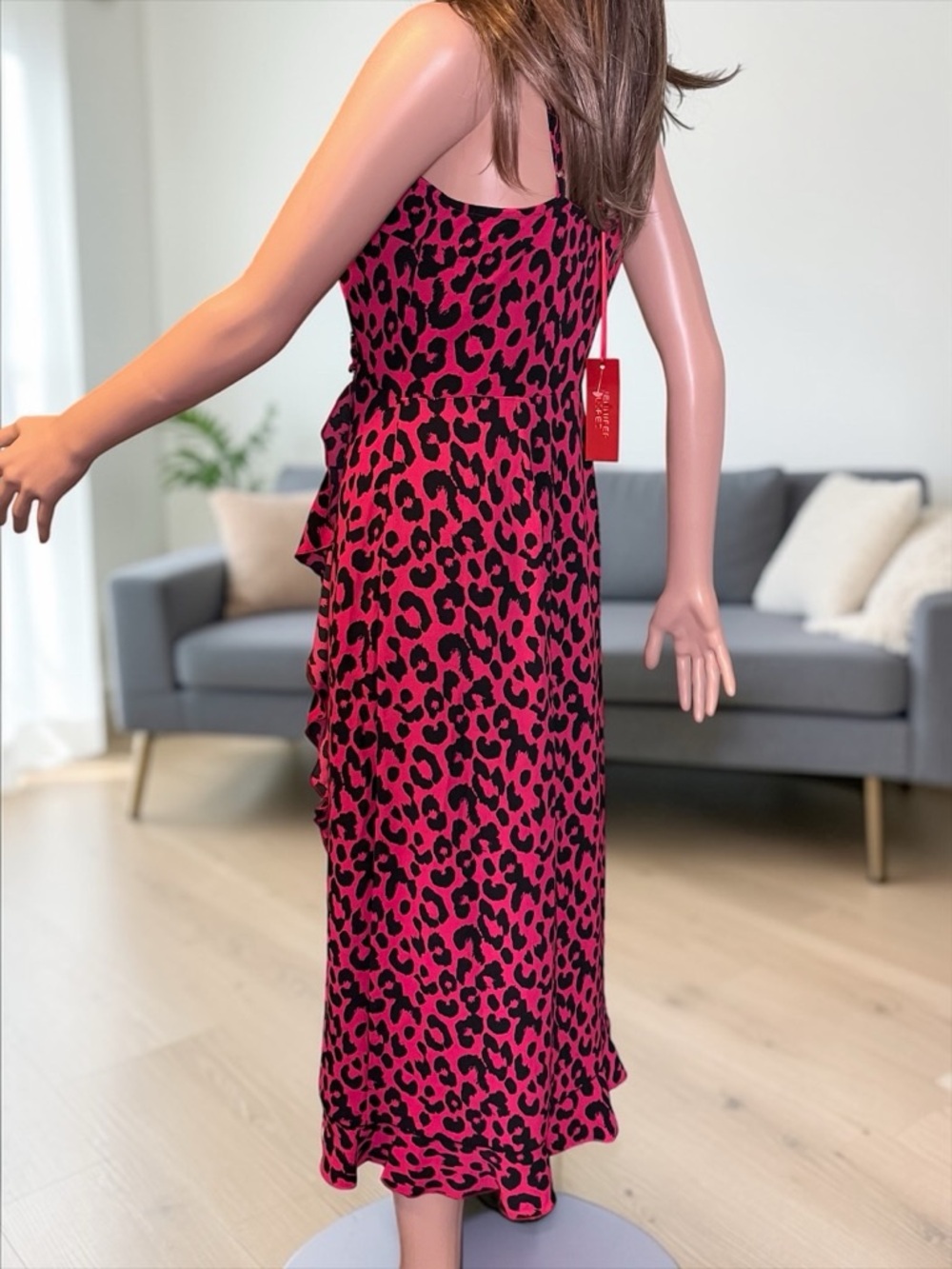 Jennifer Lopez Maxi Dress XS Berry Leopard Ruffle Slip NWT - Picture 5 of 8